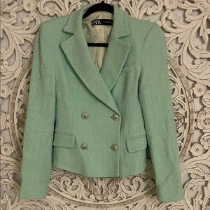 Zara Light Green Textured Double-Breasted Blazer